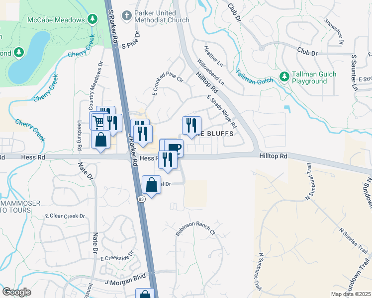 map of restaurants, bars, coffee shops, grocery stores, and more near 12245 Blue Fir Court in Parker