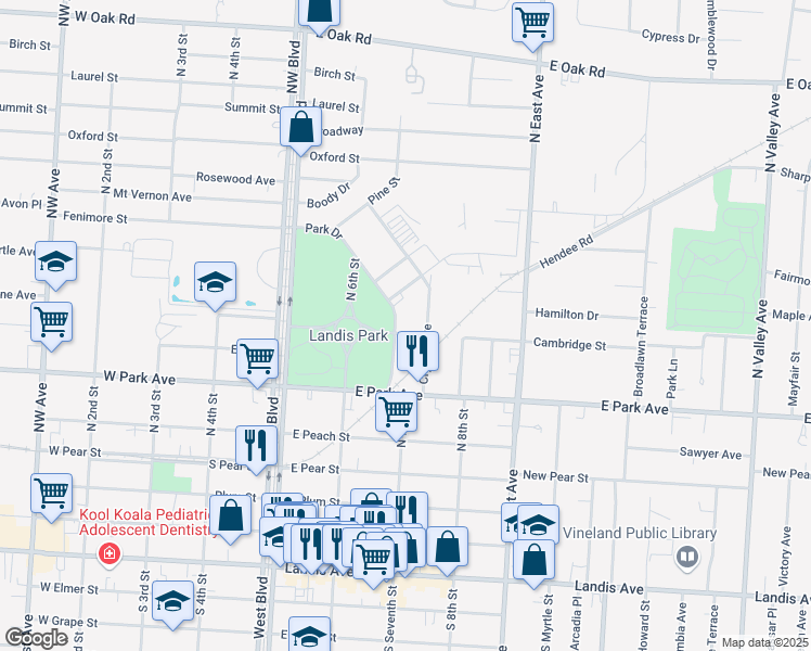 map of restaurants, bars, coffee shops, grocery stores, and more near 541 Park Drive in Vineland