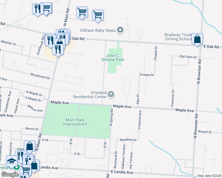 map of restaurants, bars, coffee shops, grocery stores, and more near 2000 Maple Avenue in Vineland