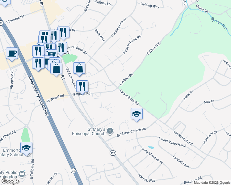 map of restaurants, bars, coffee shops, grocery stores, and more near 211 East Wheel Road in Bel Air