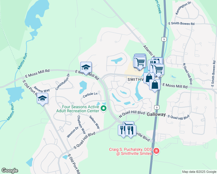 map of restaurants, bars, coffee shops, grocery stores, and more near 573 Carlisle Lane in Galloway