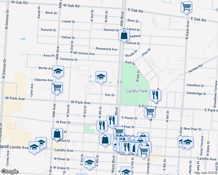 map of restaurants, bars, coffee shops, grocery stores, and more near 411 Lafrance Street in Vineland