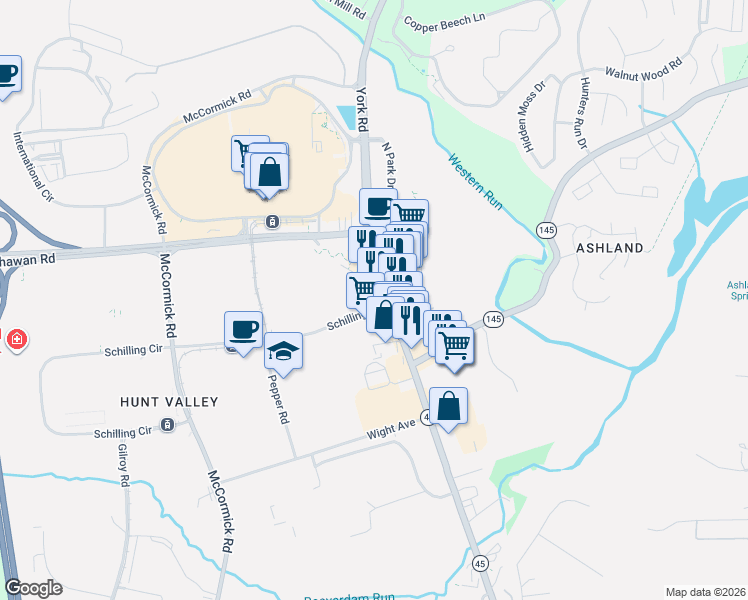 map of restaurants, bars, coffee shops, grocery stores, and more near 11300 York Road in Cockeysville