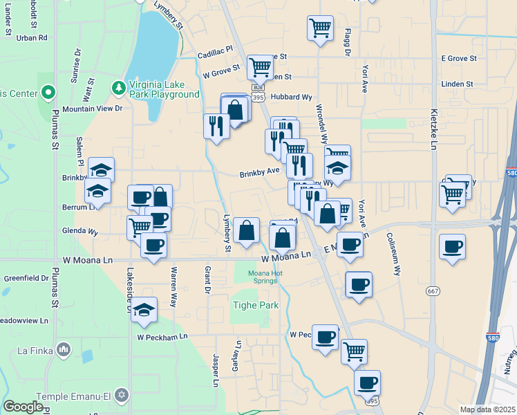map of restaurants, bars, coffee shops, grocery stores, and more near 3295 South Virginia Street in Reno