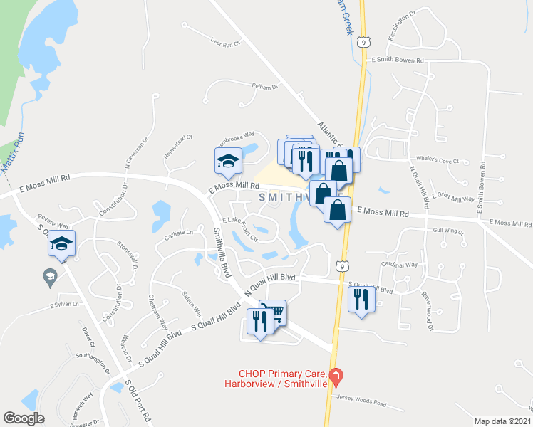map of restaurants, bars, coffee shops, grocery stores, and more near 622 East Lake Front Circle in Galloway