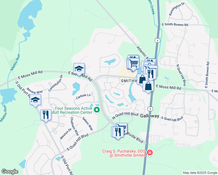 map of restaurants, bars, coffee shops, grocery stores, and more near 600 East Lake Front Circle in Galloway