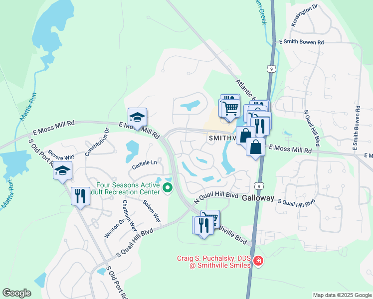 map of restaurants, bars, coffee shops, grocery stores, and more near 600 East Lake Front Circle in Galloway