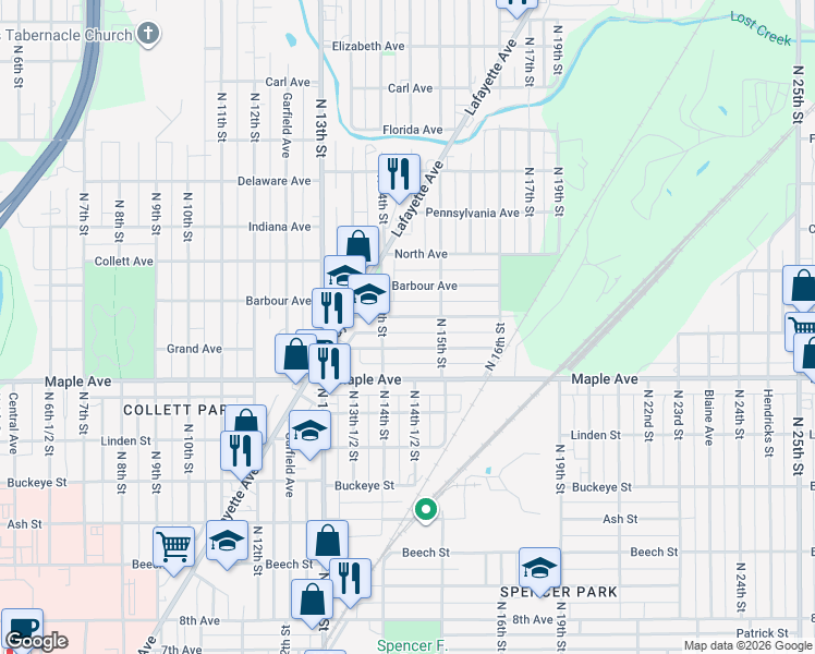 map of restaurants, bars, coffee shops, grocery stores, and more near in Terre Haute