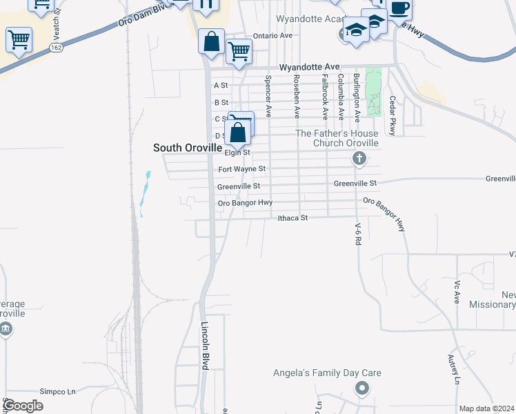 map of restaurants, bars, coffee shops, grocery stores, and more near 2115 Oro Bangor Highway in Oroville