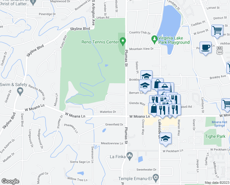 map of restaurants, bars, coffee shops, grocery stores, and more near 3101 Plumas Street in Reno