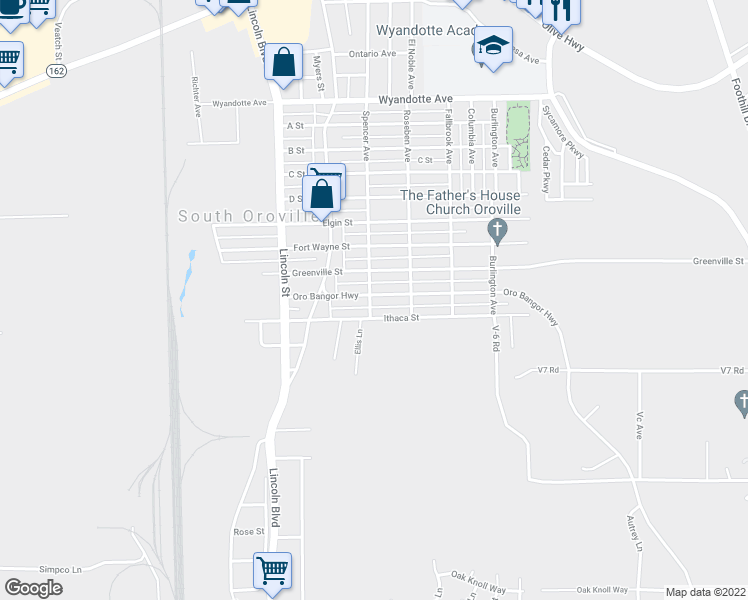 map of restaurants, bars, coffee shops, grocery stores, and more near 2219 Oro Bangor Highway in Oroville