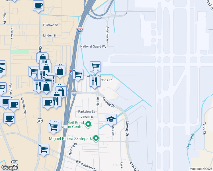 map of restaurants, bars, coffee shops, grocery stores, and more near 1380 Riley Avenue in Reno
