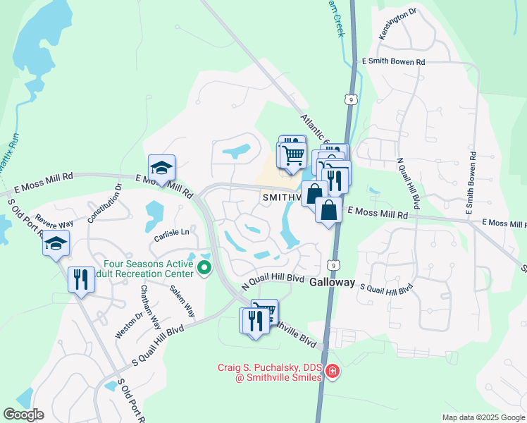 map of restaurants, bars, coffee shops, grocery stores, and more near 622 East Lake Front Circle in Galloway