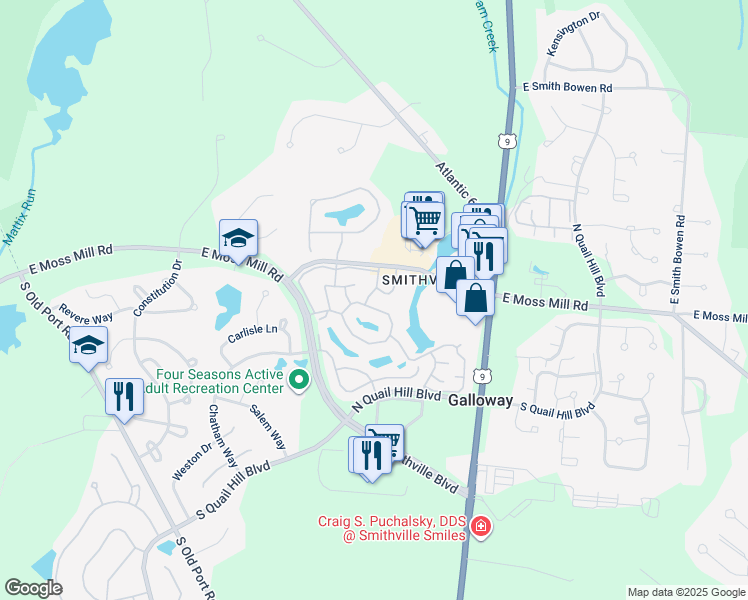 map of restaurants, bars, coffee shops, grocery stores, and more near 622 East Lake Front Circle in Galloway