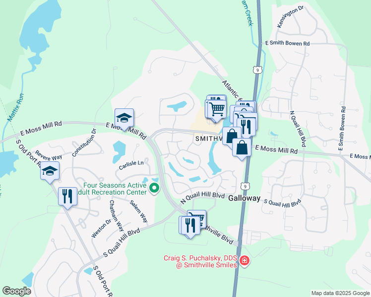 map of restaurants, bars, coffee shops, grocery stores, and more near 622 East Lake Front Circle in Galloway