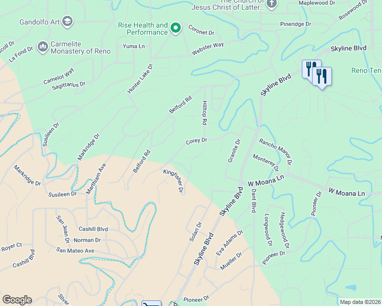 map of restaurants, bars, coffee shops, grocery stores, and more near 1450 Popinjay Drive in Reno
