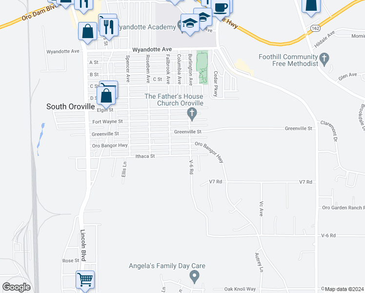 map of restaurants, bars, coffee shops, grocery stores, and more near 2705 Oro Bangor Highway in Oroville