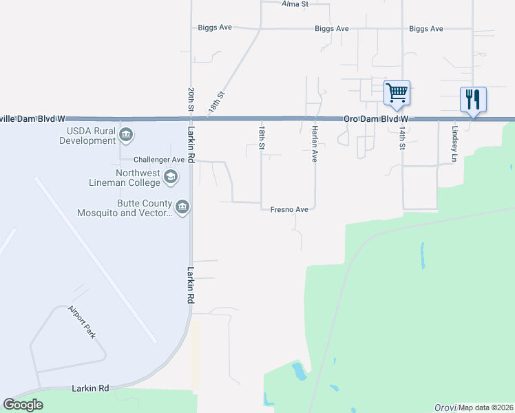 map of restaurants, bars, coffee shops, grocery stores, and more near 59 Magnesio Street in Oroville