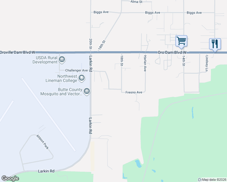 map of restaurants, bars, coffee shops, grocery stores, and more near 67 Magnesio Street in Oroville