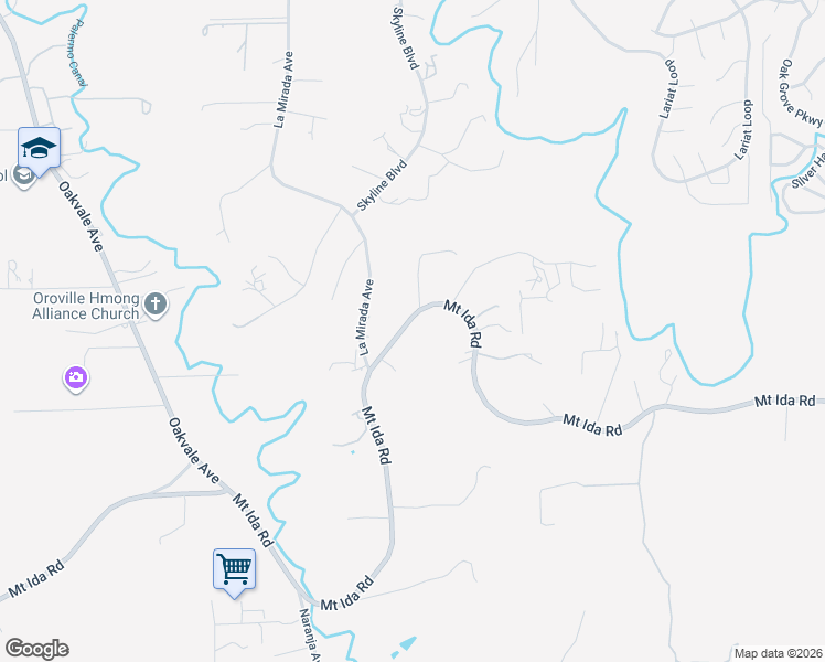 map of restaurants, bars, coffee shops, grocery stores, and more near 1050 Mount Ida Road in Oroville