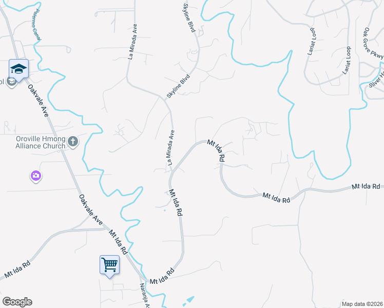 map of restaurants, bars, coffee shops, grocery stores, and more near 1050 Mount Ida Road in Oroville