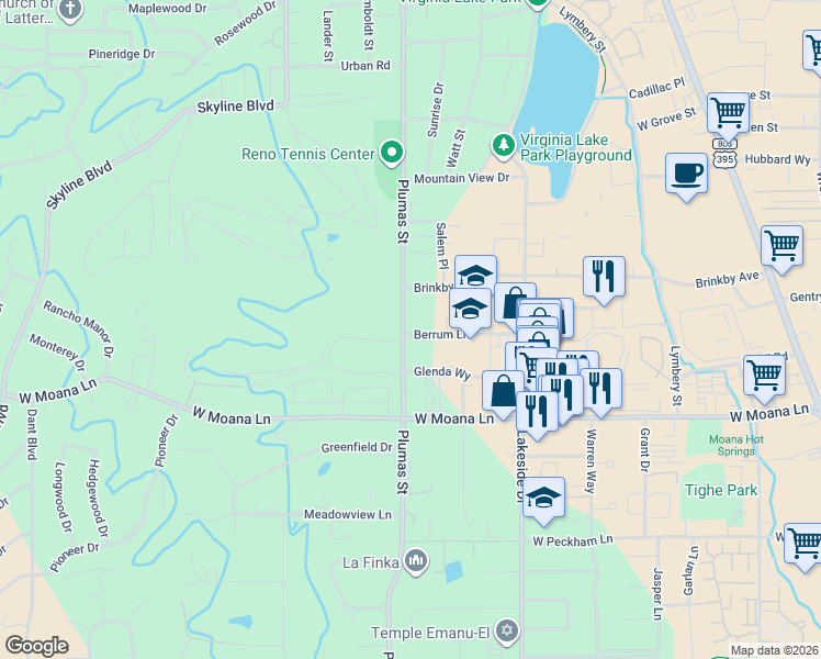 map of restaurants, bars, coffee shops, grocery stores, and more near 3090 Plumas Street in Reno
