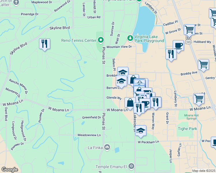 map of restaurants, bars, coffee shops, grocery stores, and more near 1275 Berrum Lane in Reno