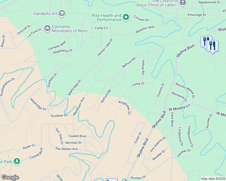 map of restaurants, bars, coffee shops, grocery stores, and more near 3321 Corey Drive in Reno