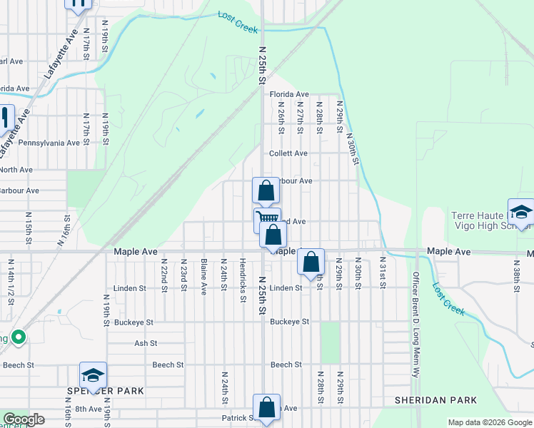 map of restaurants, bars, coffee shops, grocery stores, and more near 2451 Grand Avenue in Terre Haute