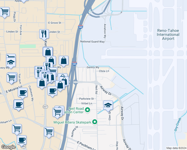 map of restaurants, bars, coffee shops, grocery stores, and more near 1295 East Moana Lane in Reno