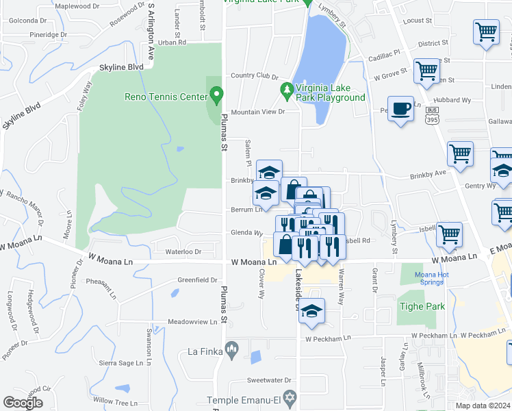 map of restaurants, bars, coffee shops, grocery stores, and more near 1200 Berrum Lane in Reno