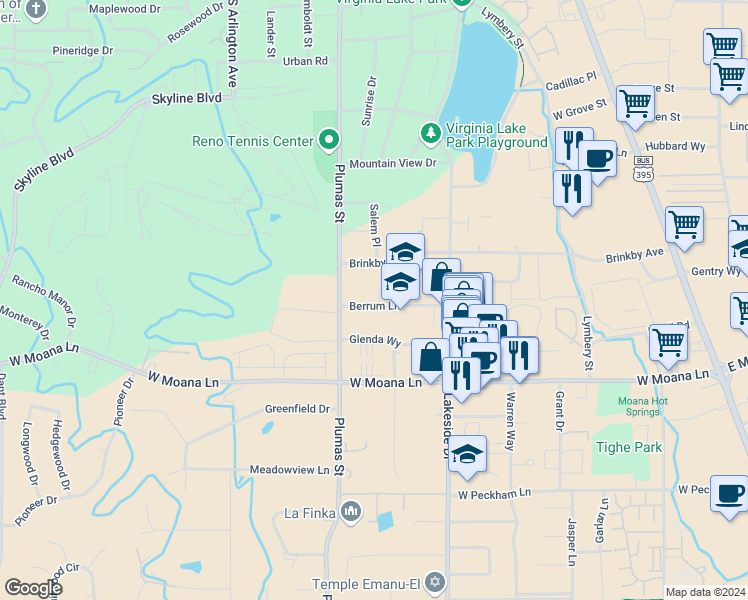 map of restaurants, bars, coffee shops, grocery stores, and more near 1200 Berrum Lane in Reno