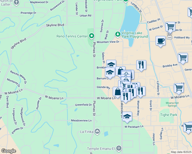 map of restaurants, bars, coffee shops, grocery stores, and more near 3090 Plumas Street in Reno