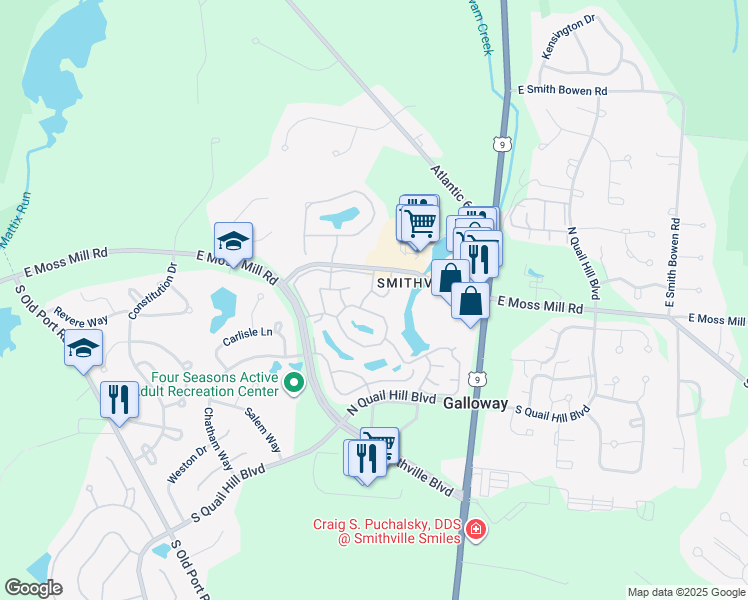 map of restaurants, bars, coffee shops, grocery stores, and more near 622 East Lake Front Circle in Galloway