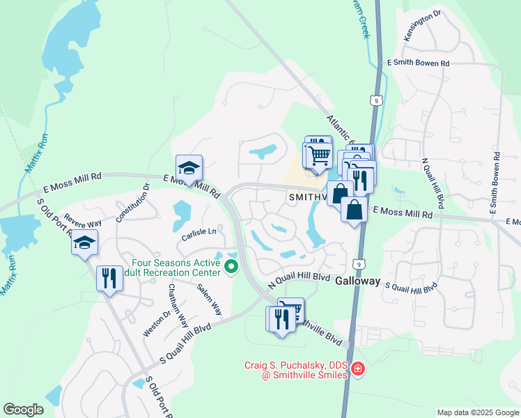 map of restaurants, bars, coffee shops, grocery stores, and more near 600 East Lake Front Circle in Galloway