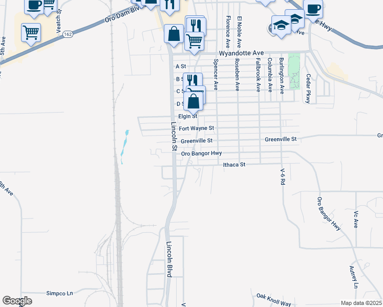 map of restaurants, bars, coffee shops, grocery stores, and more near Oro Bangor Highway & Myers Street in Oroville