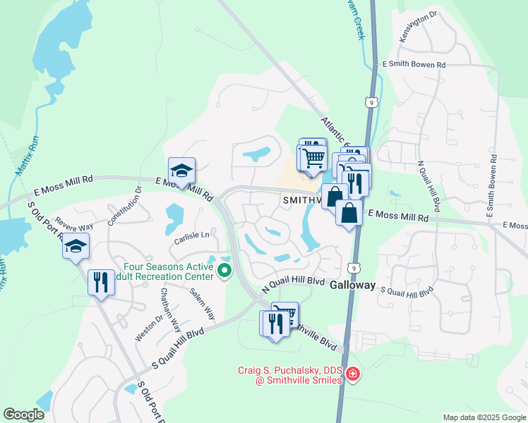 map of restaurants, bars, coffee shops, grocery stores, and more near 622 East Lake Front Circle in Galloway