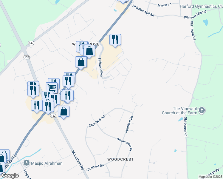 map of restaurants, bars, coffee shops, grocery stores, and more near 1866 Exton Drive in Fallston