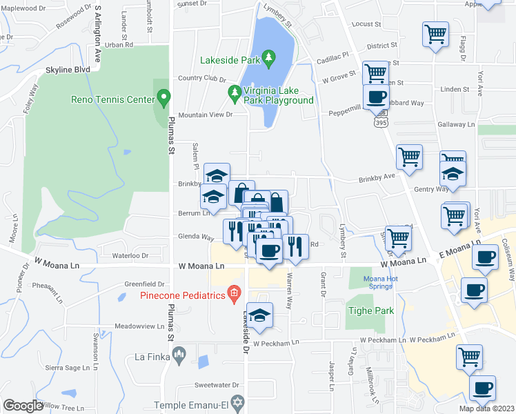 map of restaurants, bars, coffee shops, grocery stores, and more near 3376 Lakeside Drive in Reno