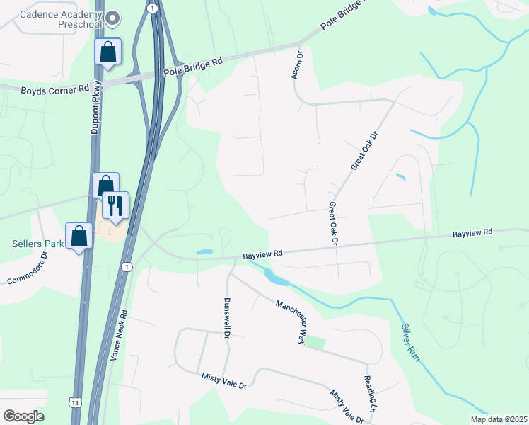 map of restaurants, bars, coffee shops, grocery stores, and more near 14 White Oak Drive in Middletown