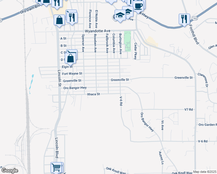 map of restaurants, bars, coffee shops, grocery stores, and more near Oro Bangor Highway in Oroville