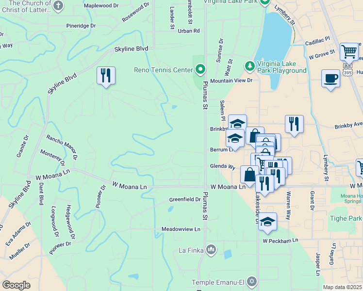 map of restaurants, bars, coffee shops, grocery stores, and more near 3105 Plumas Street in Reno