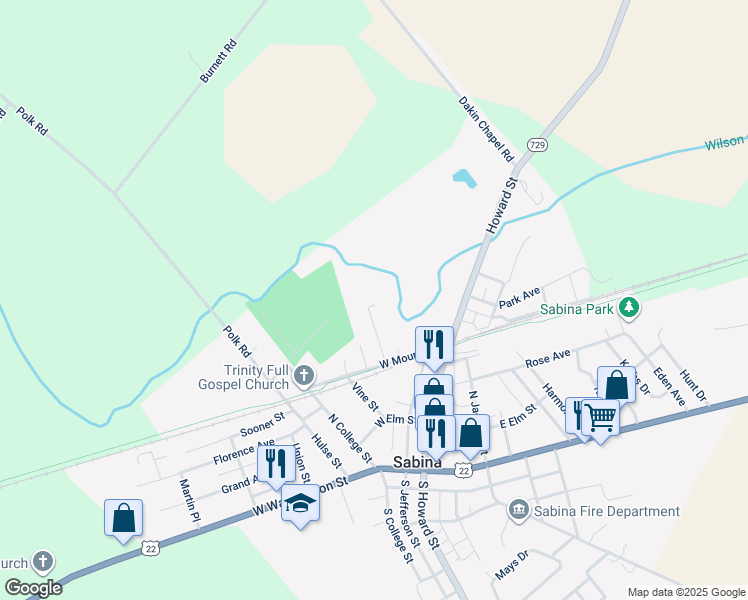 map of restaurants, bars, coffee shops, grocery stores, and more near 22 3rd Street in Sabina