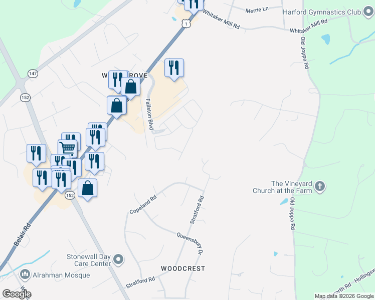 map of restaurants, bars, coffee shops, grocery stores, and more near 1953 Harrow Drive in Fallston