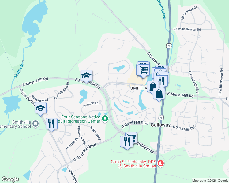 map of restaurants, bars, coffee shops, grocery stores, and more near 600 East Lake Front Circle in Galloway