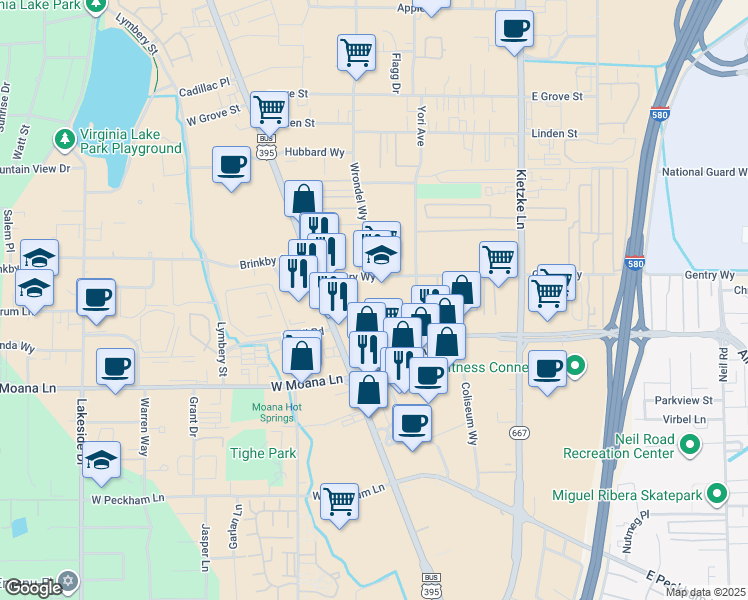 map of restaurants, bars, coffee shops, grocery stores, and more near 208 Gentry Way in Reno