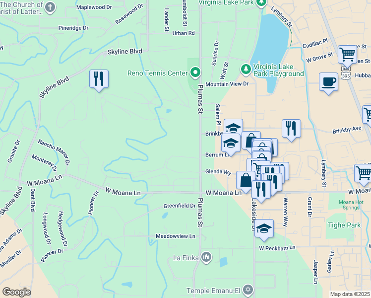 map of restaurants, bars, coffee shops, grocery stores, and more near 3101 Plumas Street in Reno