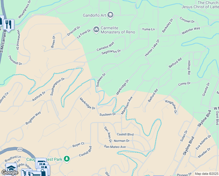 map of restaurants, bars, coffee shops, grocery stores, and more near 3065 Markridge Drive in Reno