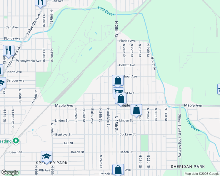 map of restaurants, bars, coffee shops, grocery stores, and more near 2451-2499 Grand Ave in Terre Haute