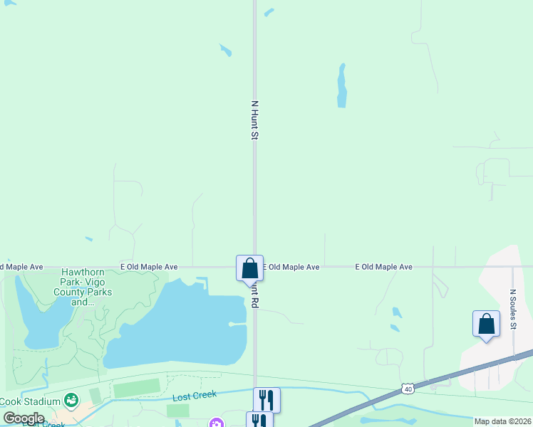 map of restaurants, bars, coffee shops, grocery stores, and more near 2298 Hunt Road in Terre Haute